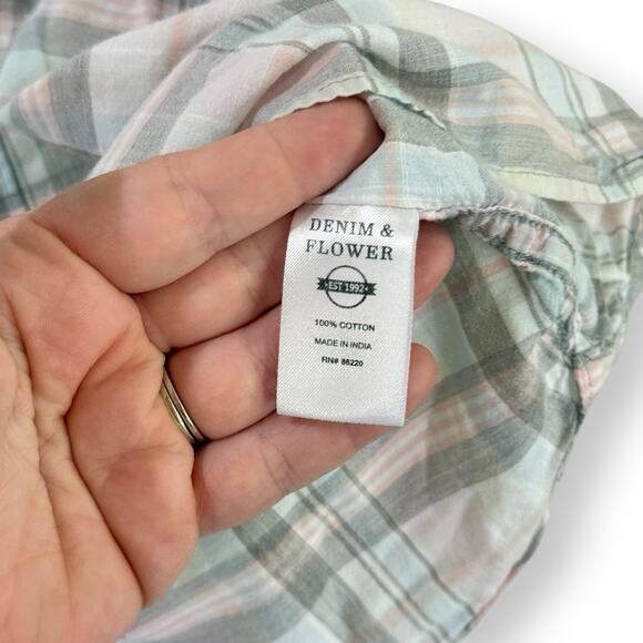 DENIM & FLOWERS Men’s Slim Fit Shirt Plaid Button Up Short Sleeve Size Large - Picture 4 of 7